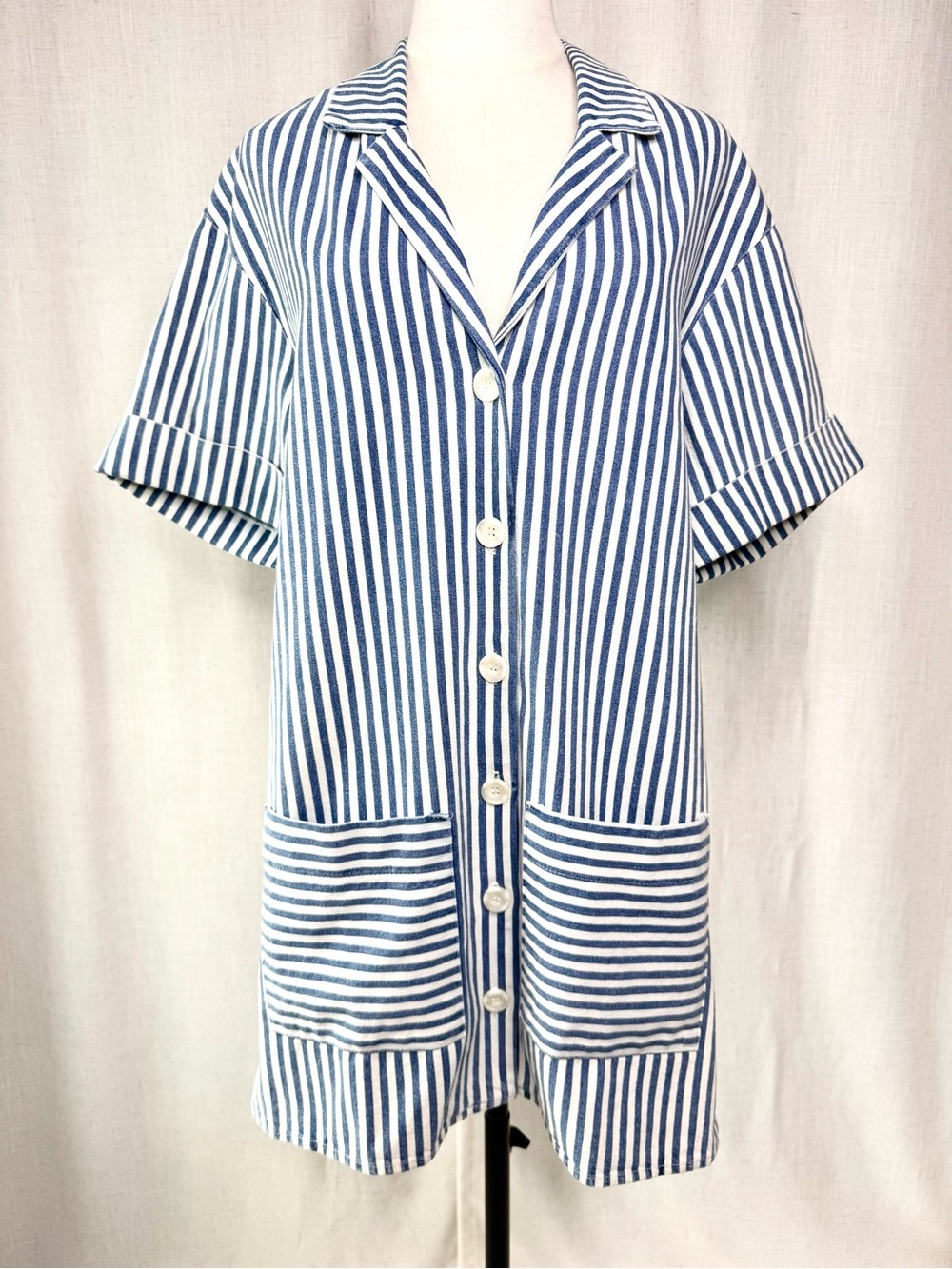 🌿Self Contrast Striped Cotton Shirt Dress Blue White Patch Pocket Mini Size M NW